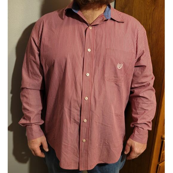 CHAPS Mens Red White Striped Button Down Shirt XXL Easy Care Chest Crest Career - Picture 1 of 10
